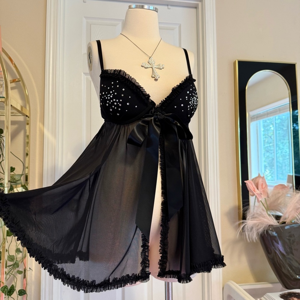 ❌SOLD❌ Victoria’s Secret Sheer Ruffle & Rhinestone Babydoll Top